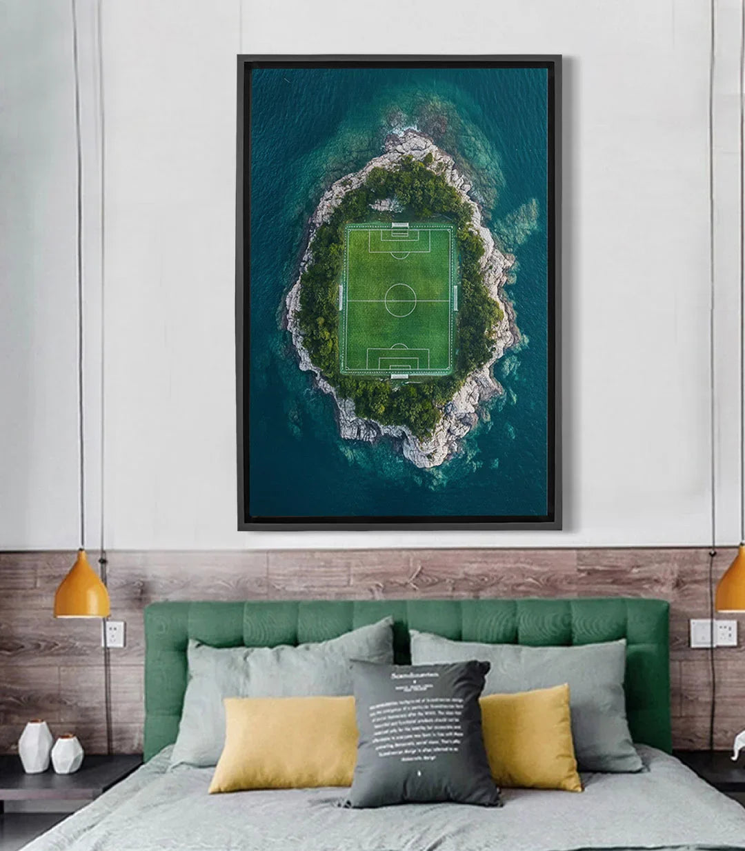 Cuadro Seaside Stadium — estadio de fútbol en isla visto desde el aire, aguas turquesas y vegetación verde, Massinart
