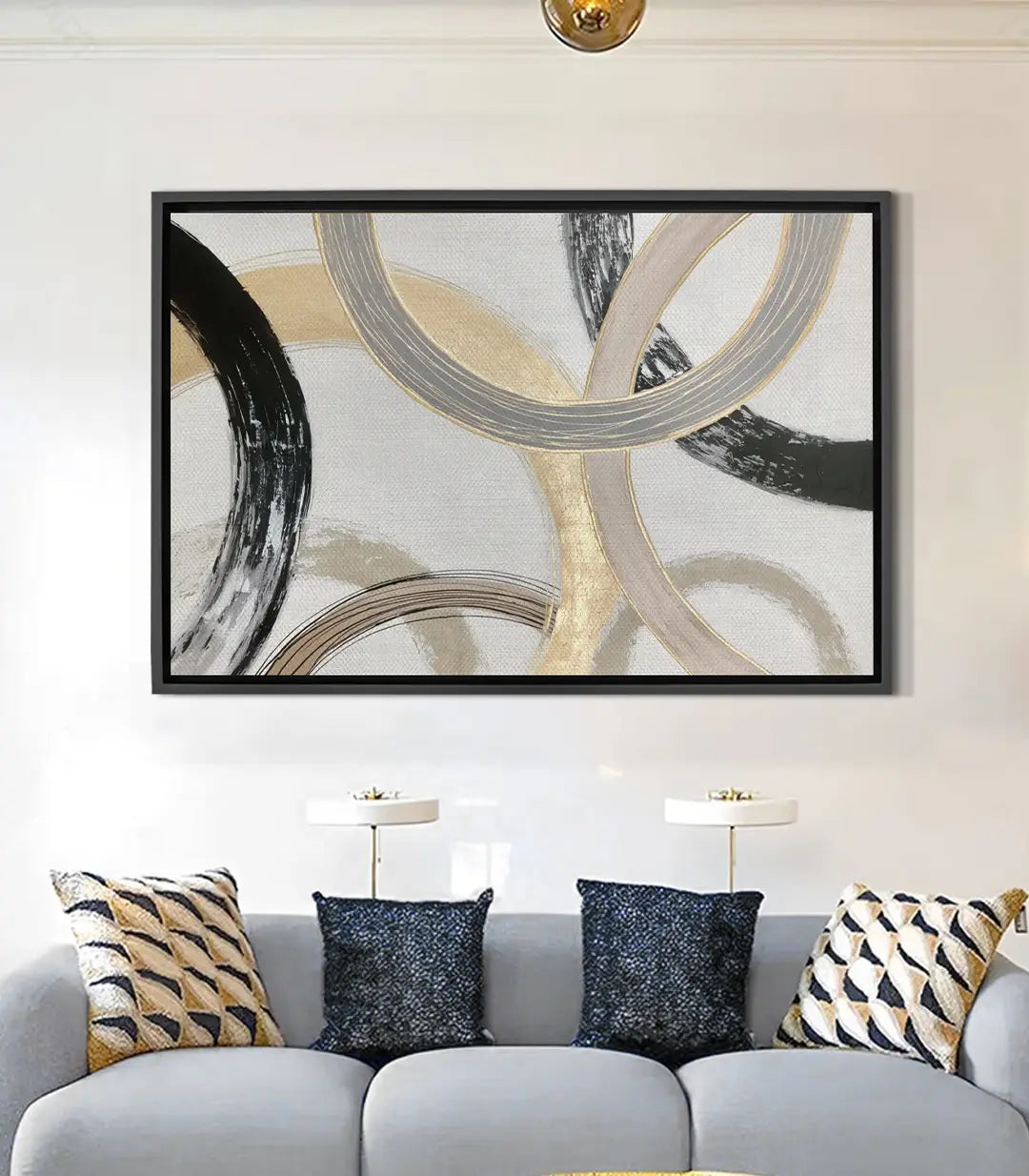 Cuadro abstracto Looped horizontal — formas circulares en negro, oro y gris | Massinart