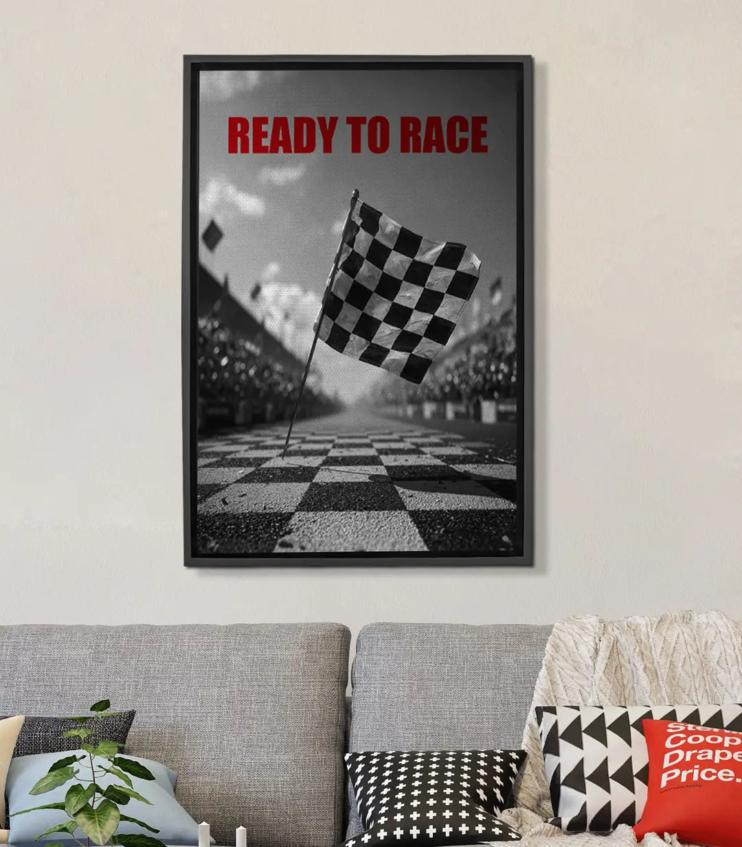 Cuadro Ready To Race Massinart — bandera a cuadros sobre circuito en negro, blanco y rojo
