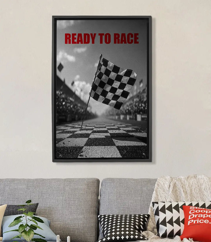 Cuadro Ready To Race Massinart — bandera a cuadros sobre circuito en negro, blanco y rojo