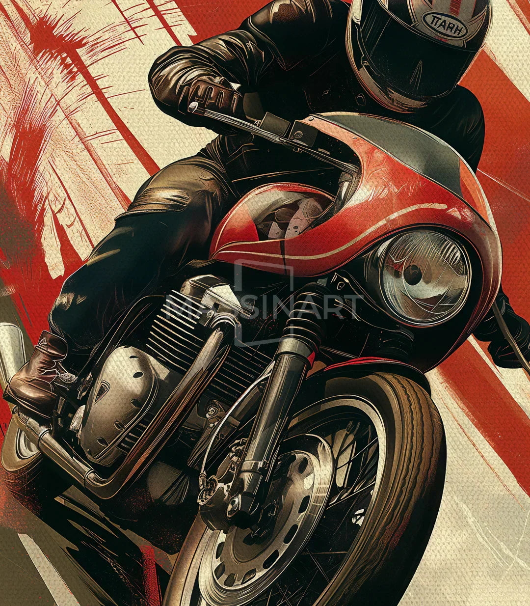 Detalle de colores — Cuadro Moto Master con matices rojo, beige y negro estilo expresionista