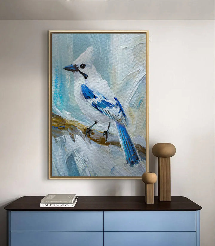 Detalle pintura pájaro azul con textura expresionista — Massinart