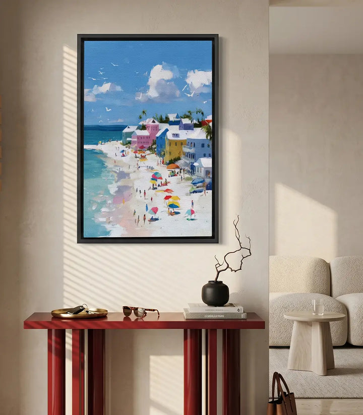 Cuadro decorativo Pastel Shore, paisaje costero mediterráneo en tonos pastel, estilo contemporáneo — Massinart