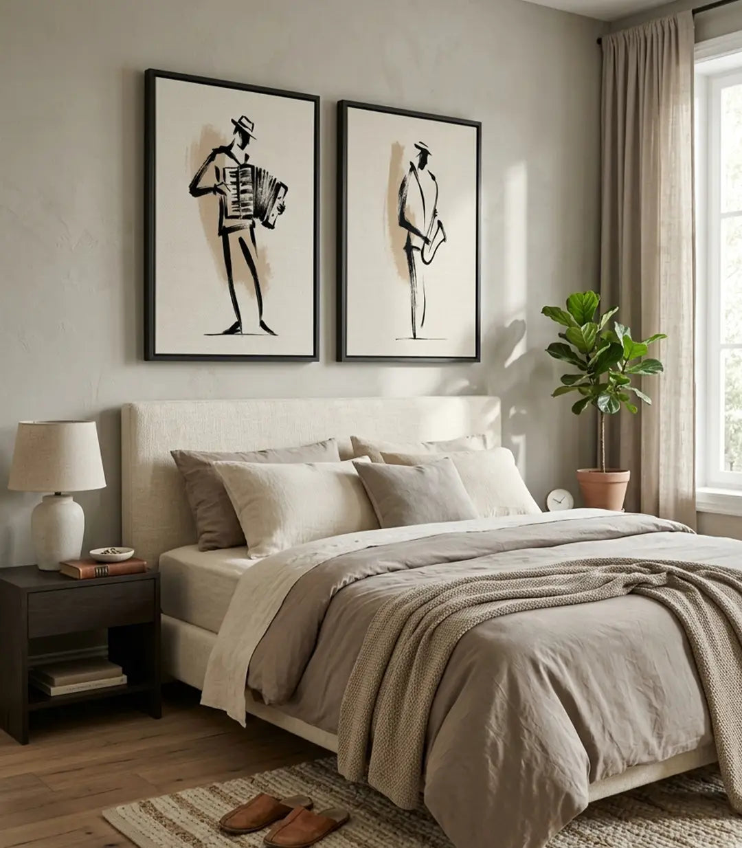 Jazz Duet en salón moderno beis — cuadro decorativo sobre sofá, decoración de interiores
