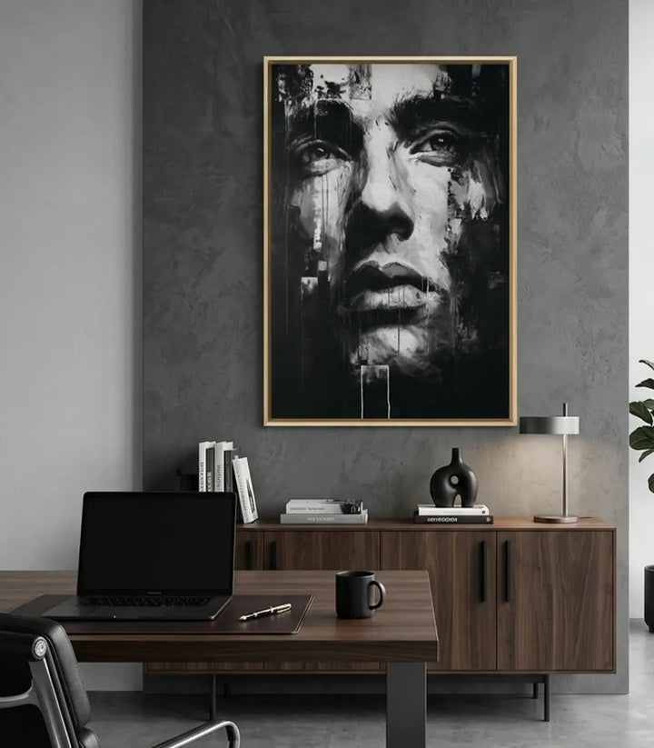 Cuadro retrato vertical en blanco y negro sobre sofá de salón moderno Massinart