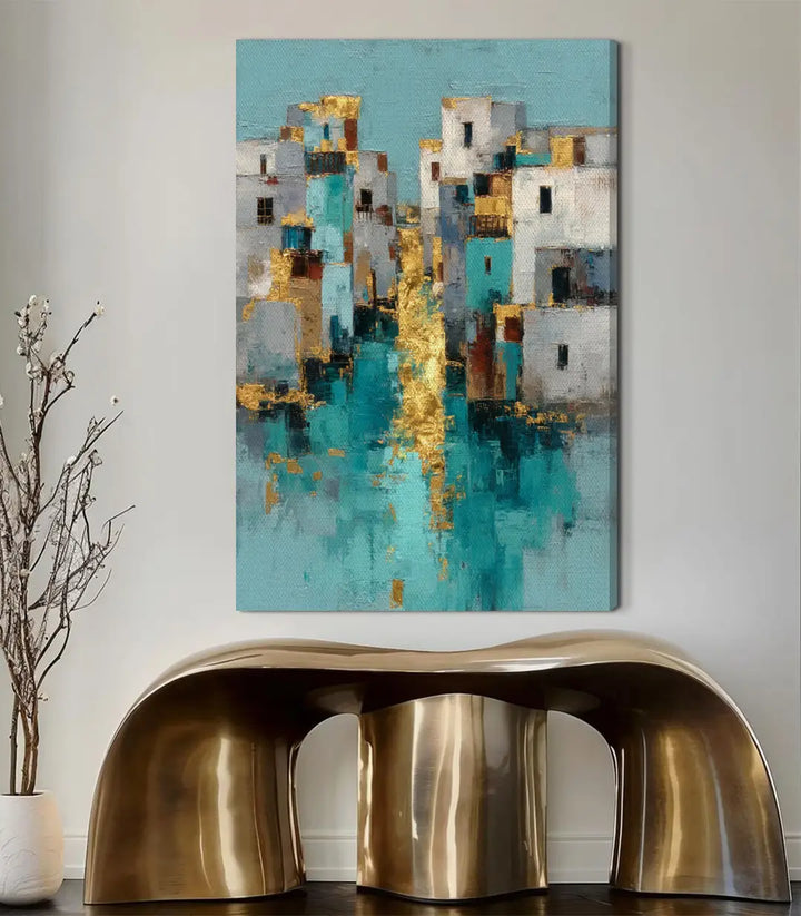 Decoración interior contemporánea con cuadro Golden Mirage en tonos azul turquesa y dorado — Massinart