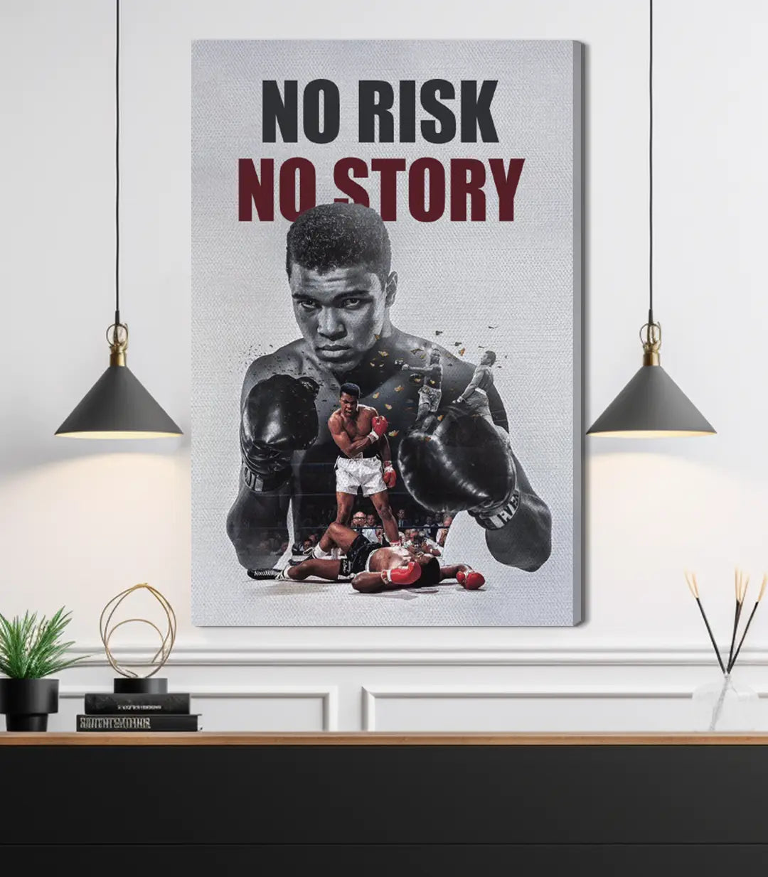 Cuadro deporte campeón Clay Legend Massinart — photo-art boxeador guantes rojos con frase