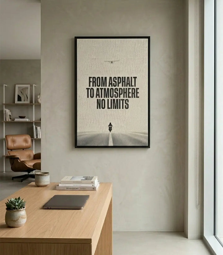 Cuadro tipográfico minimalista No Limits con carretera infinita, tonos beige y negro, estilo motivacional — Massinart