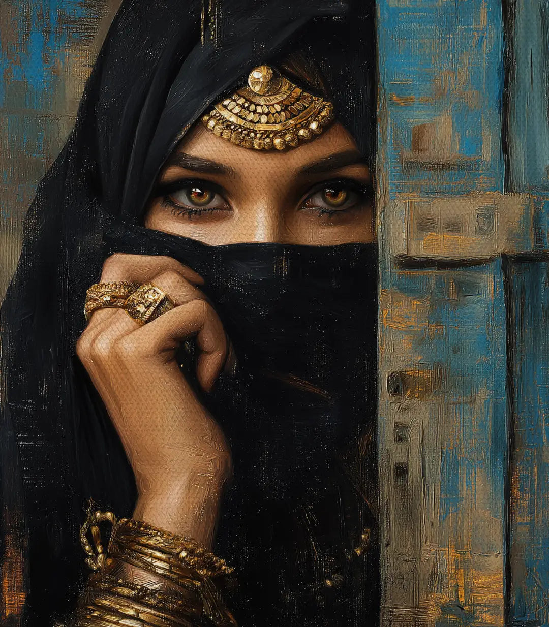 Cuadro retrato oriental en salón moderno — Eastern Gaze Massinart