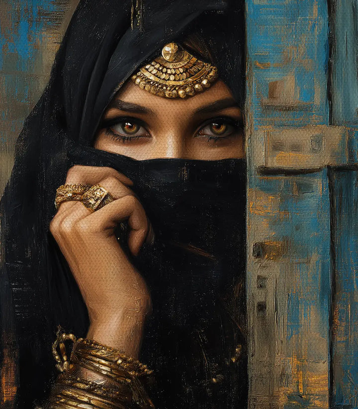 Cuadro retrato oriental en salón moderno — Eastern Gaze Massinart