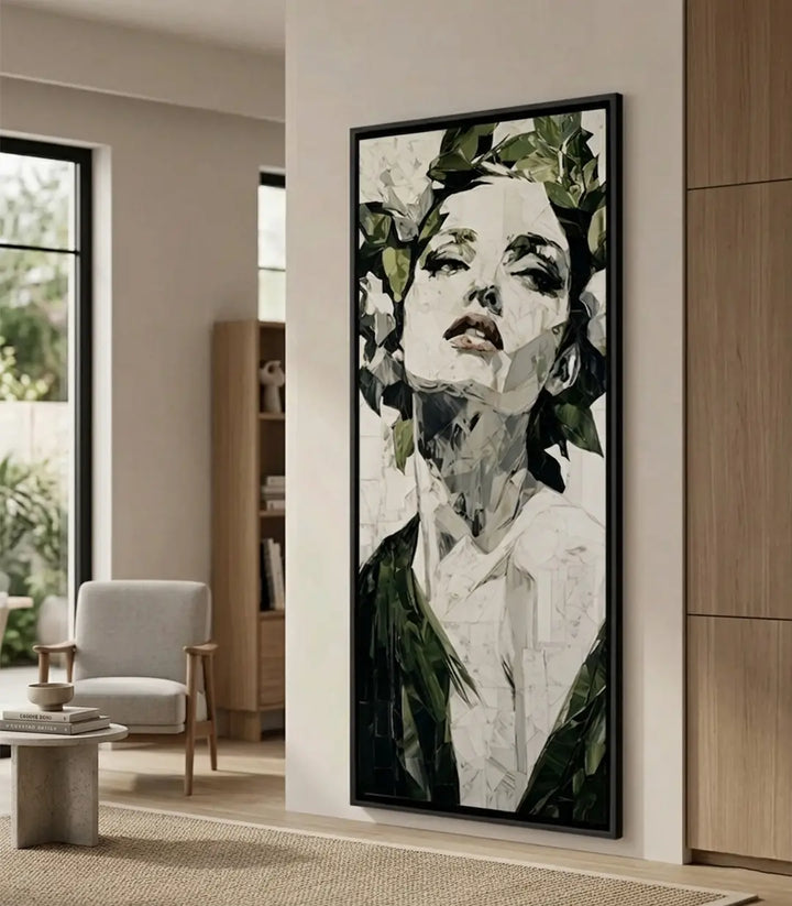Cuadro Facets of Her de Massinart — retrato de mujer con follaje dorado y tonos neutros, estilo contemporáneo