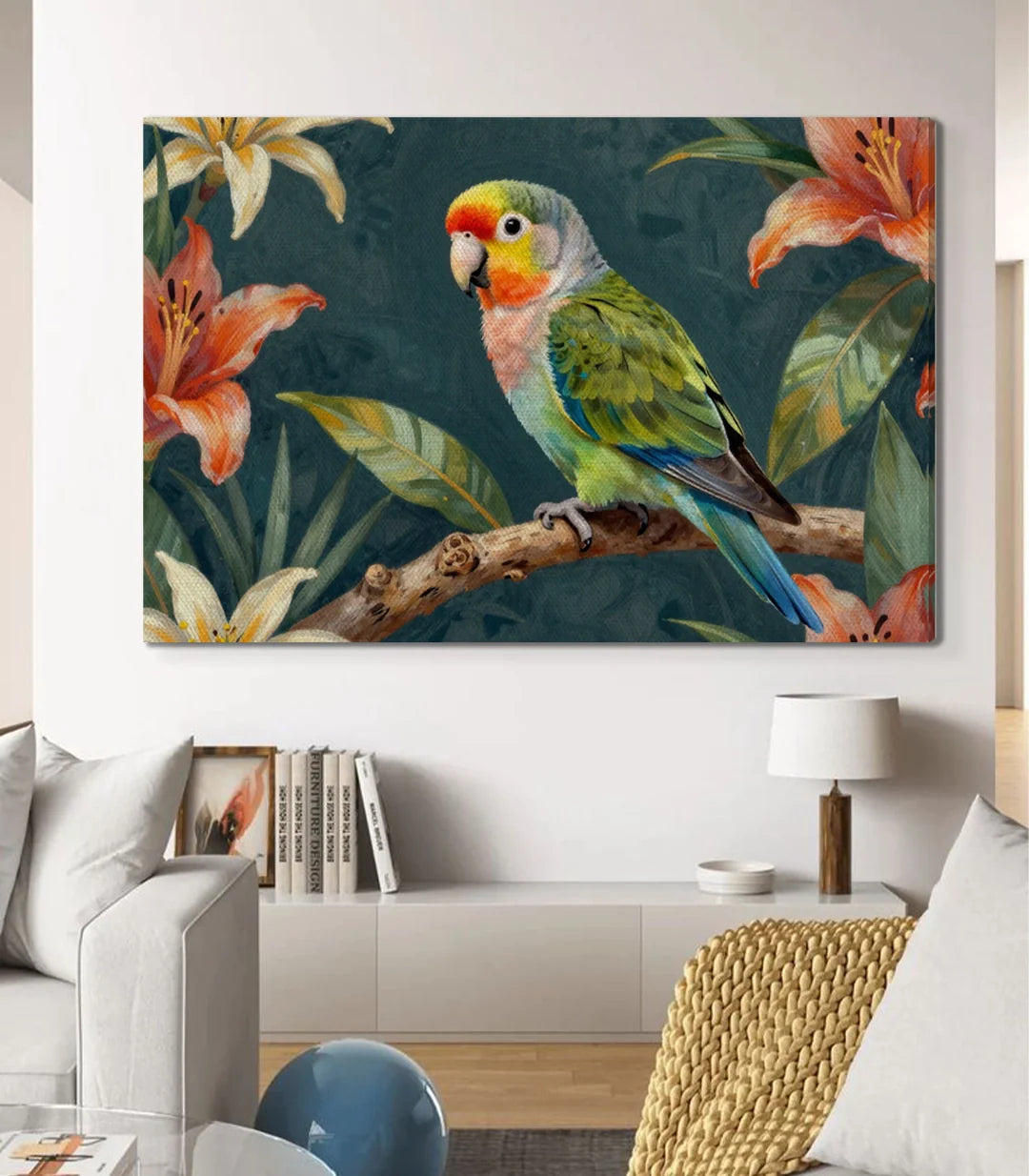 Cuadro Parrot Bloom en salón moderno — lienzo decorativo loro y flores Massinart