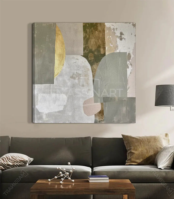 Cuadro Still Layers composición geométrica, paleta terracota blanco y dorado — Massinart