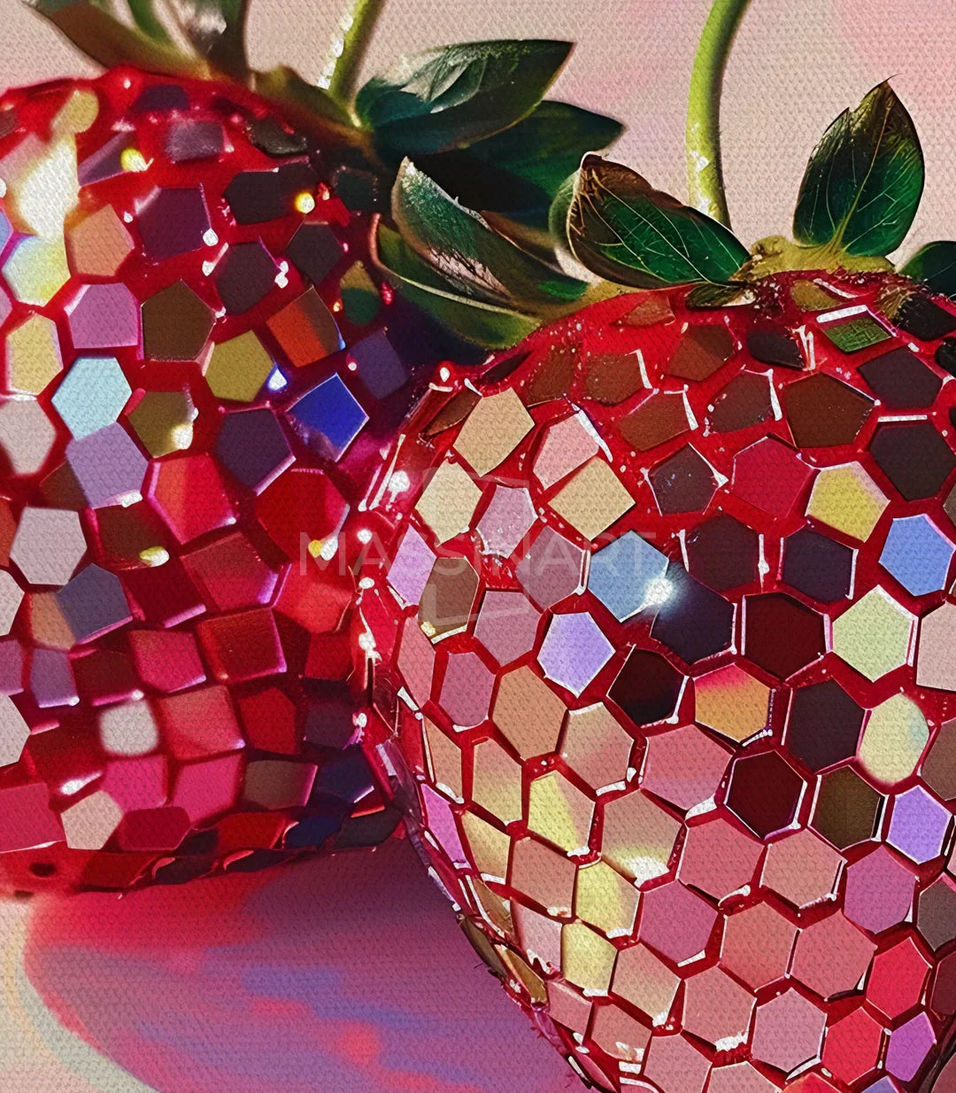 Detalle del tallo y follaje verde del cuadro de fresas geométricas — Glistening Fruits Massinart