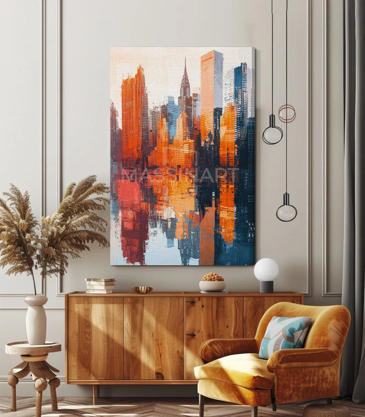 Cuadro skyline urbano vertical — detalle colores naranja, azul y dorado Massinart