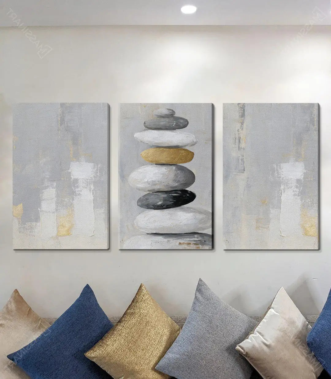 Tríptico Zen Stones en salón moderno decoración minimalista Massinart
