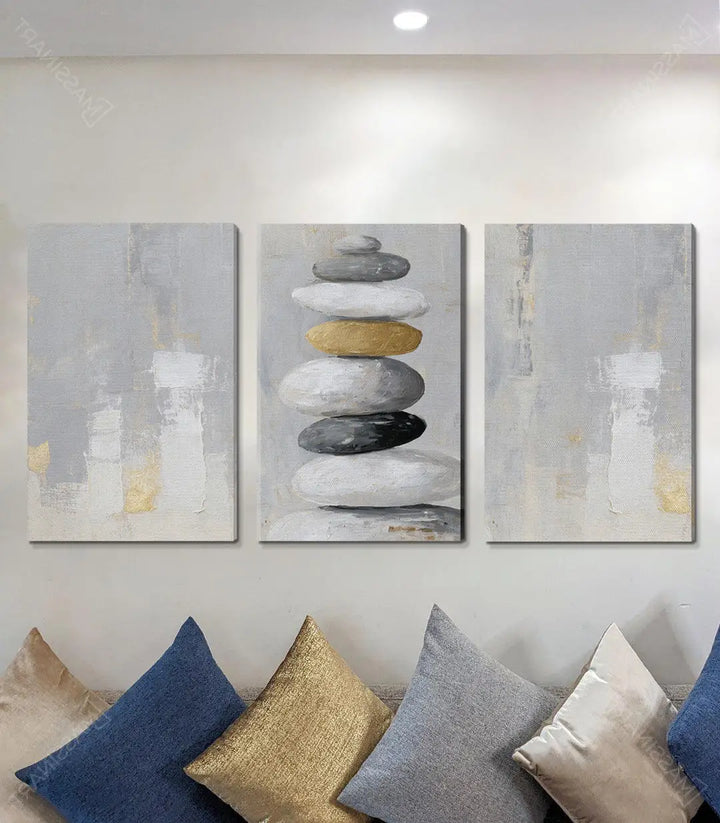Tríptico Zen Stones en salón moderno decoración minimalista Massinart