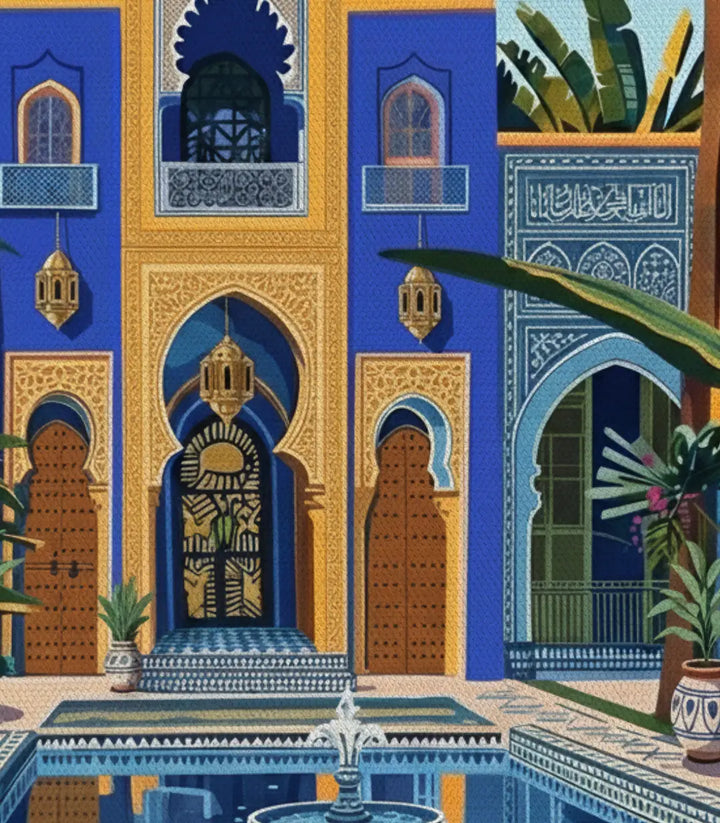 Detalle del cuadro Blue Riyadh — fachada azul y dorada con zelliges