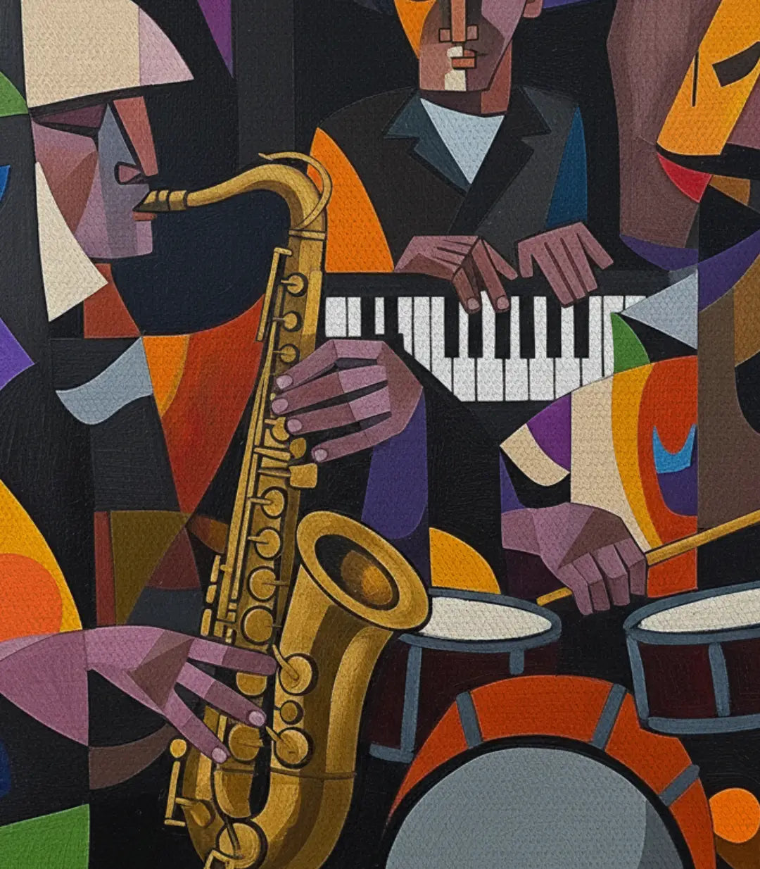 Cuadro Cubist Groove en dormitorio — pintura mural expresionista multicolor, decoración pared Massinart
