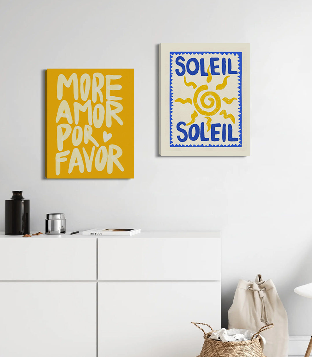 Cuadro Amor Soleil díptico — mensaje motivador en amarillo y sol geométrico azul, arte mural Massinart