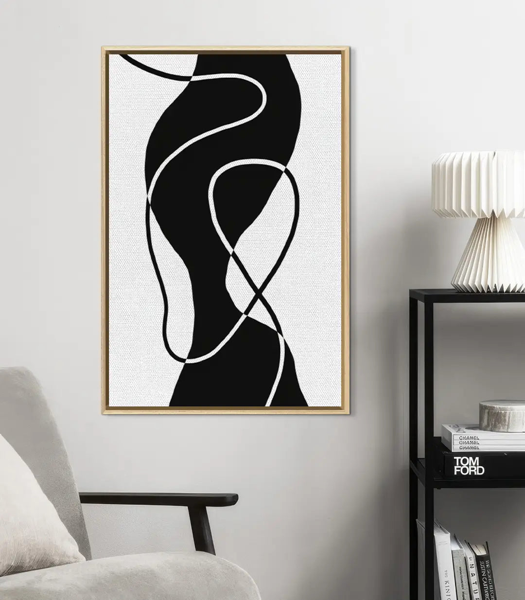 Cuadro Black Fluidity detalle de formas orgánicas y contraste negro blanco Massinart