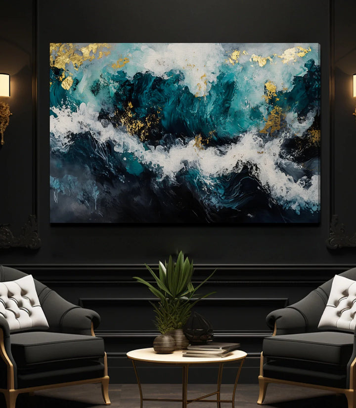 Cuadro Golden Tide en dormitorio estilo minimalista ambiente sereno Massinart