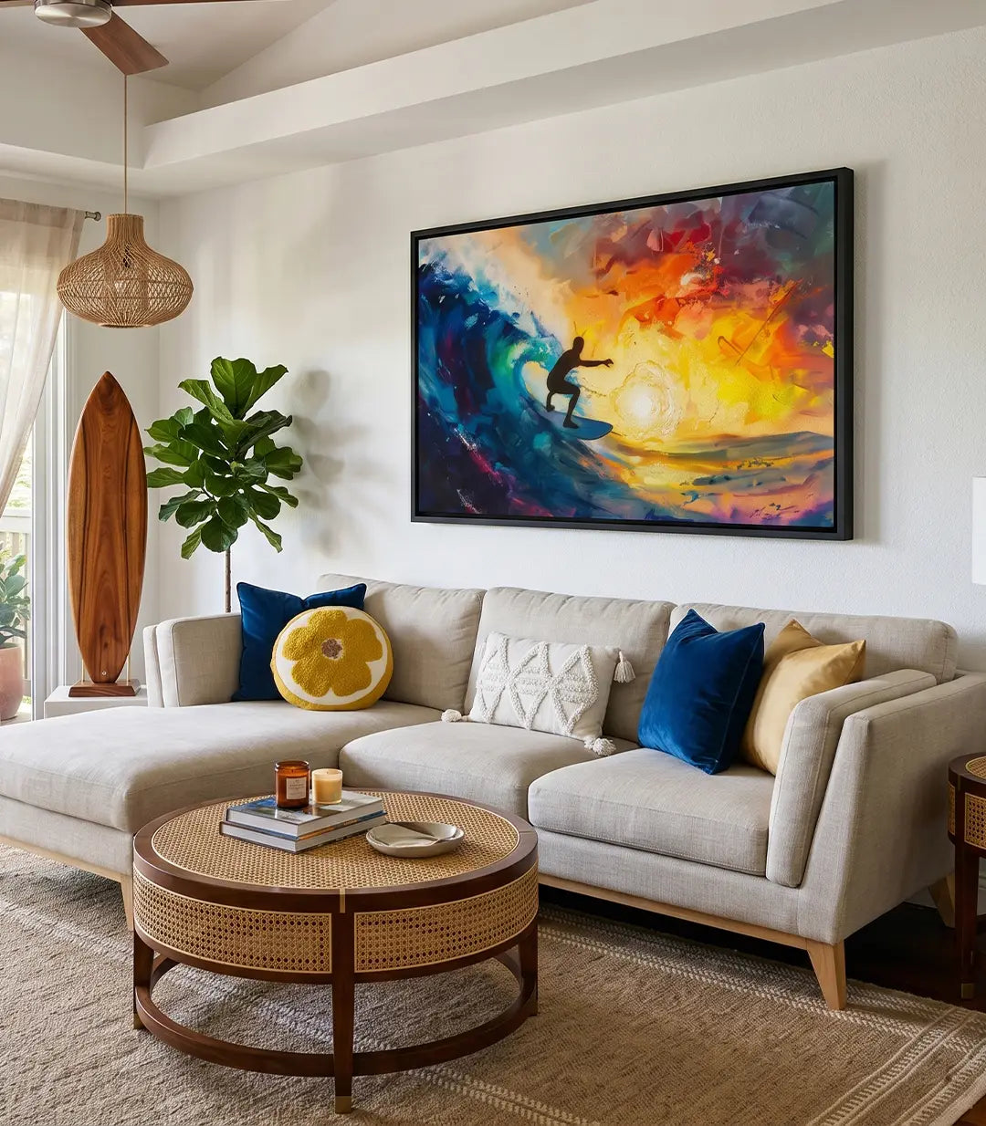 Cuadro decorativo Wave Master: surfista sobre ola gigante al atardecer, tonos azul océano, naranja y púrpura, estilo expresionista