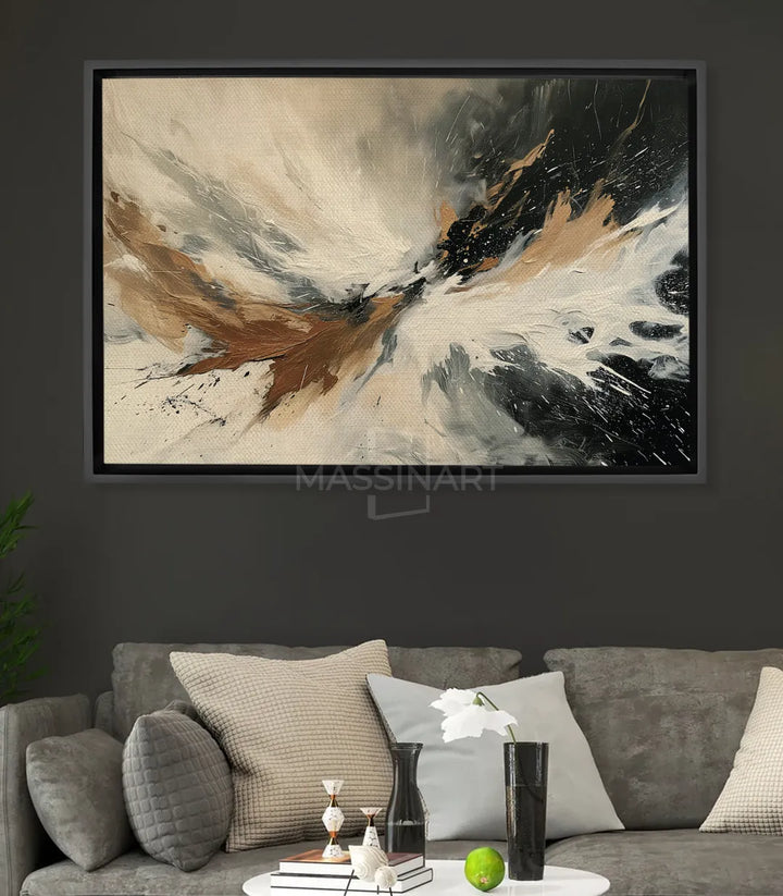 Cuadro Twilight paisaje montañoso abstracto, tonos beige negro y dorado — Massinart