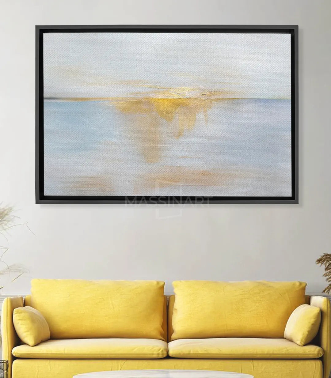 Cuadro Sea Sunrise abstracto minimalista, amanecer costero en tonos azul beige y dorado — Massinart