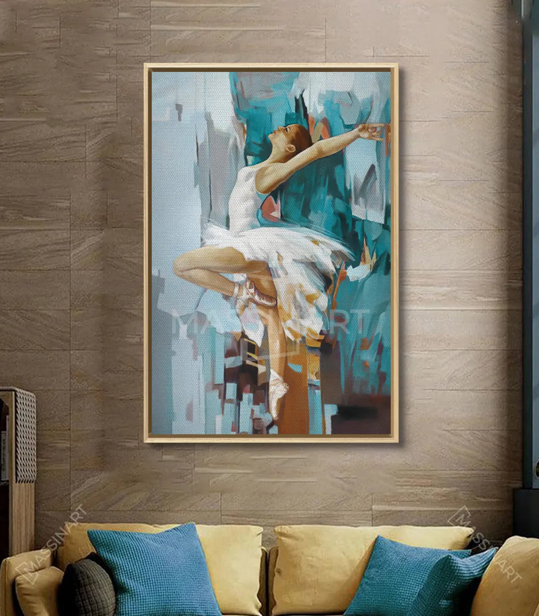 Cuadro danza clásica en pasillo contemporáneo, paleta turquesa y azul — Massinart