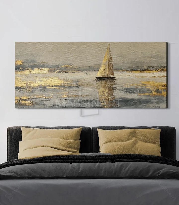 Detalle de textura — pintura velero Sail Glow, técnica mixta dorada y gris Massinart