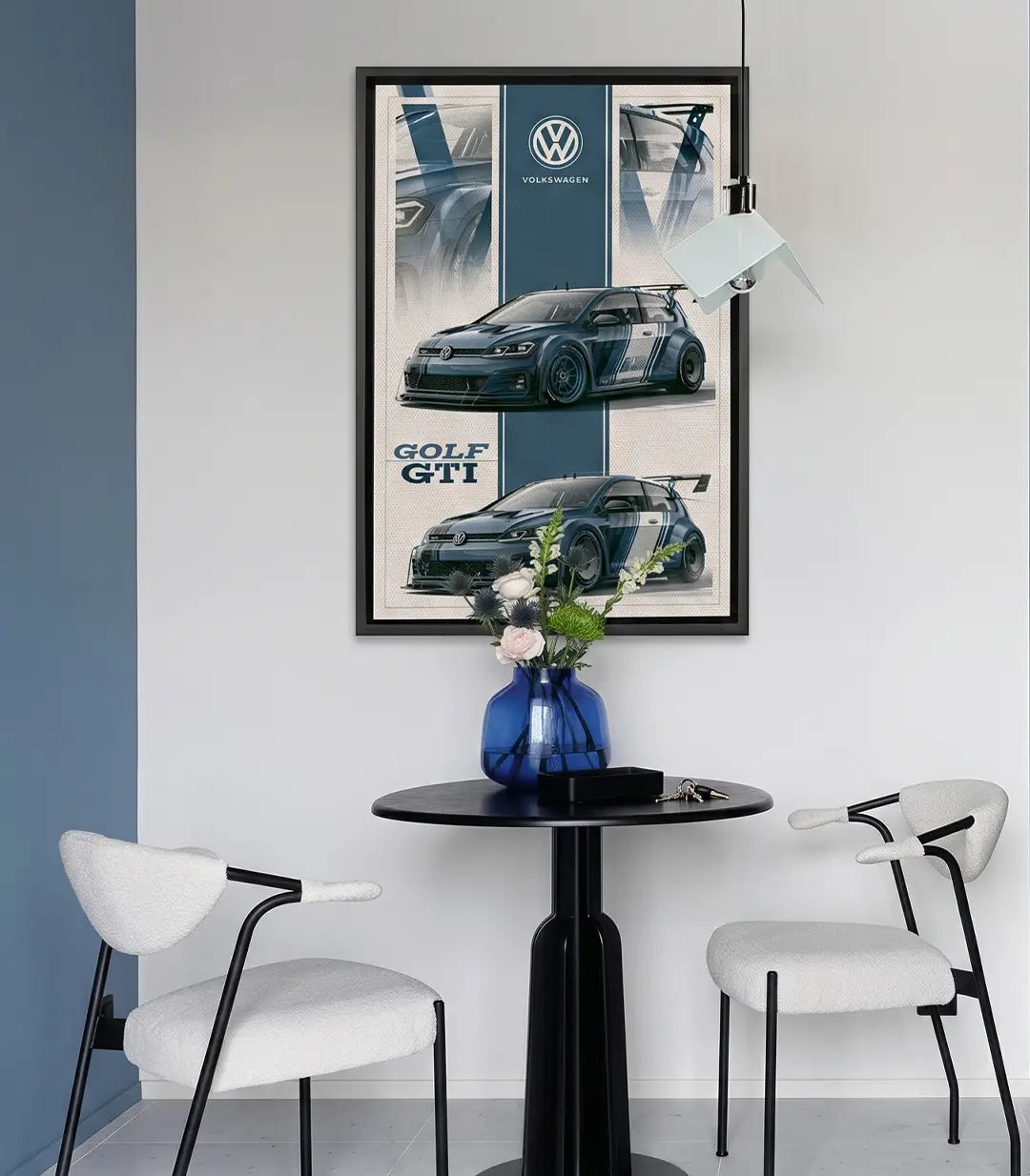 Cuadro decorativo del Volkswagen Golf GTI, ilustración automovilística vintage en azules profundos y crema, estilo gráfico moderno