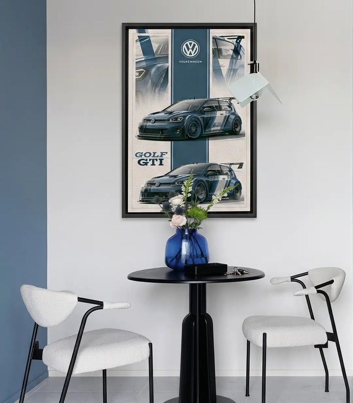 Cuadro decorativo del Volkswagen Golf GTI, ilustración automovilística vintage en azules profundos y crema, estilo gráfico moderno