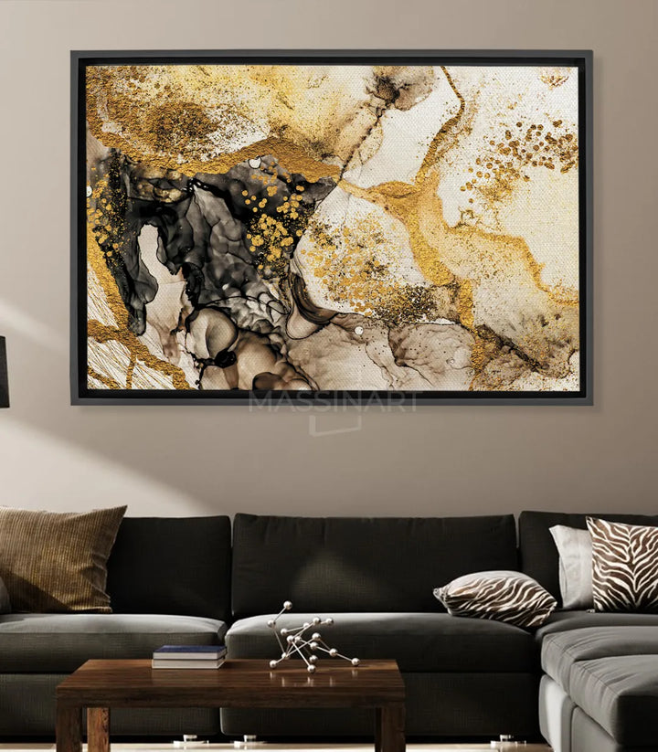 Cuadro abstracto Inspiration horizontal — tinta negra y dorada sobre fondo beige, estilo minimalista Massinart