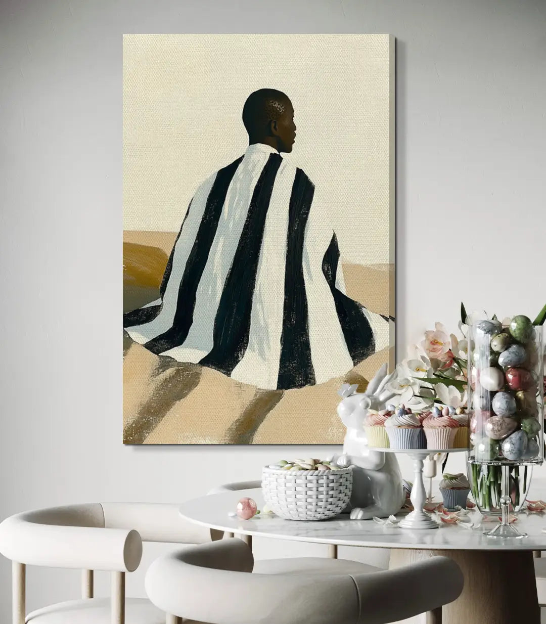 Cuadro Striped en comedor Massinart — retrato minimalista negro y blanco decoración mural