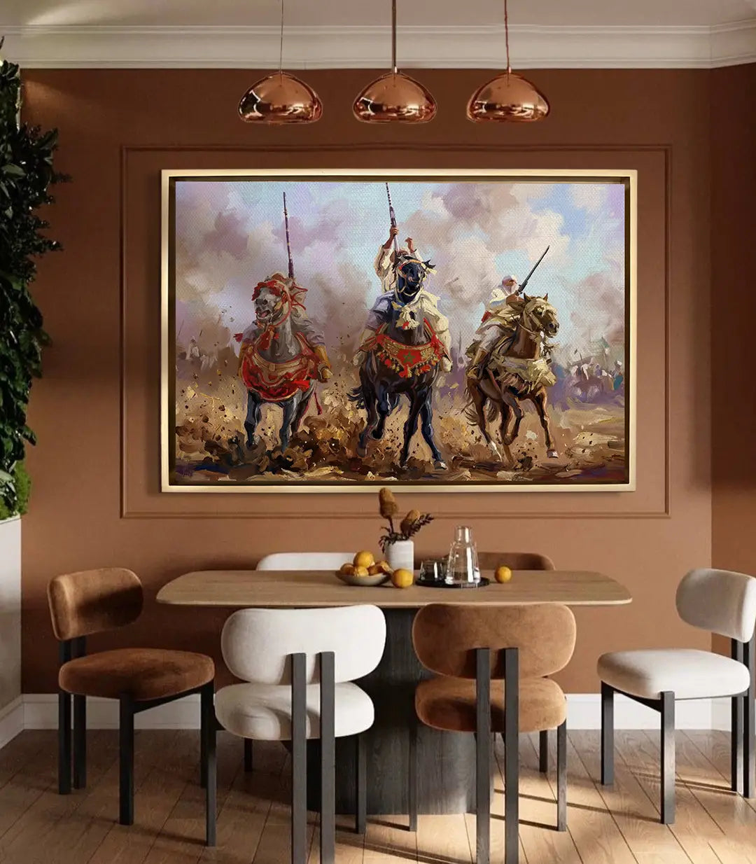 Ambientación salón moderno con cuadro Baroud de guerreros a caballo, decoración pared — Massinart