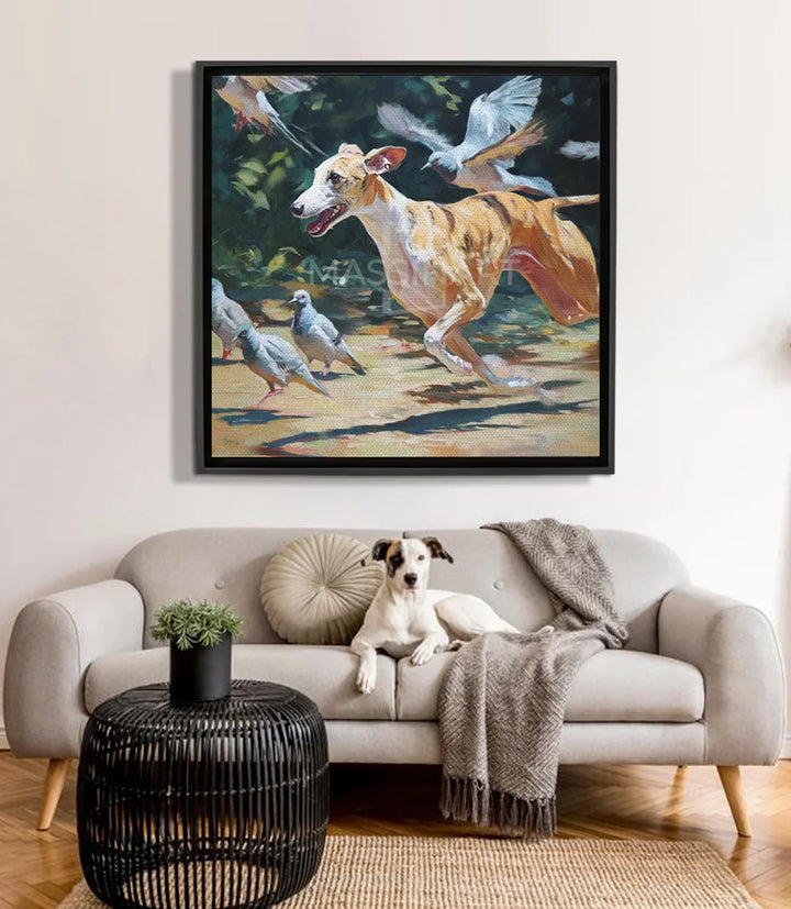 Cuadro Chasing Freedom perro y pájaros expresionista — Massinart