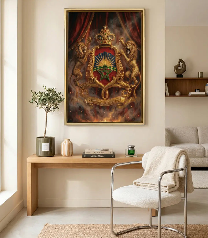 Cuadro Royal Crest con el escudo oficial de Marruecos, leones dorados y fondo de terciopelo rojo, estilo contemporáneo
