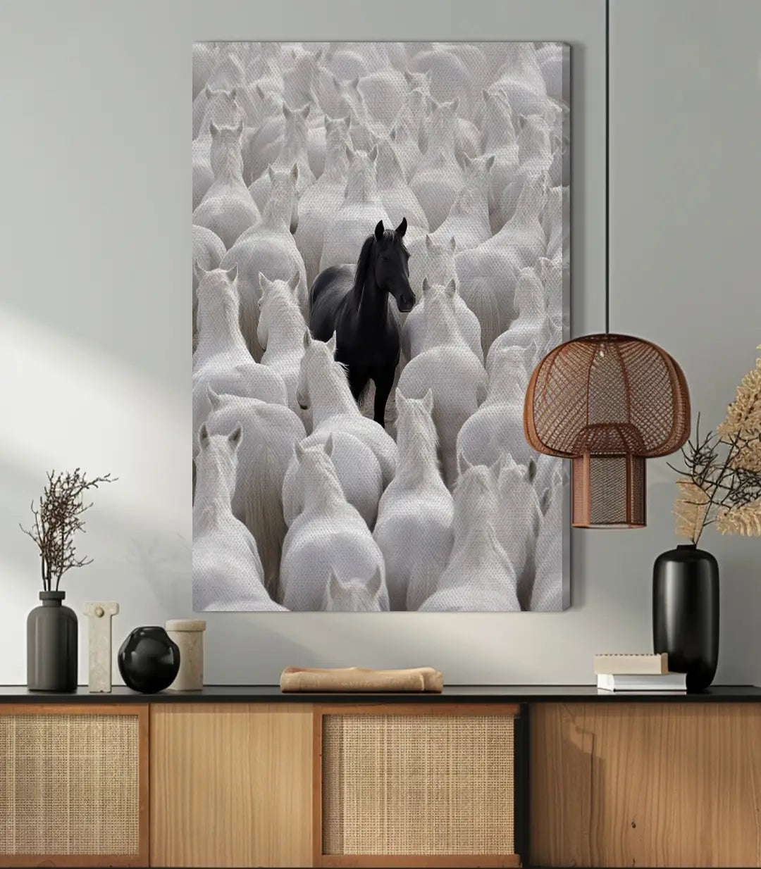 Salón con arte minimalista — cuadro Contraste Massinart integrado en ambiente depurado y contemporáneo