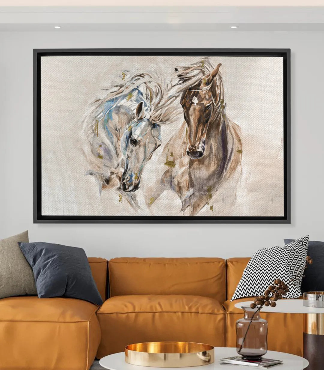 Cuadro dos caballos emotivos — acuarela expresionista en tonos blancos y marrones cálidos