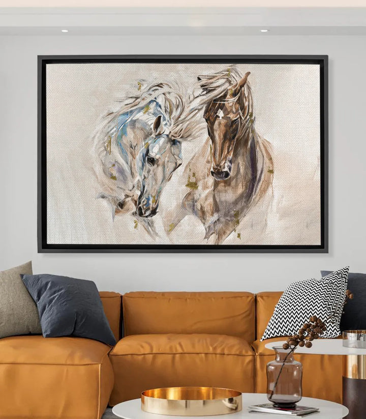 Cuadro dos caballos emotivos — acuarela expresionista en tonos blancos y marrones cálidos