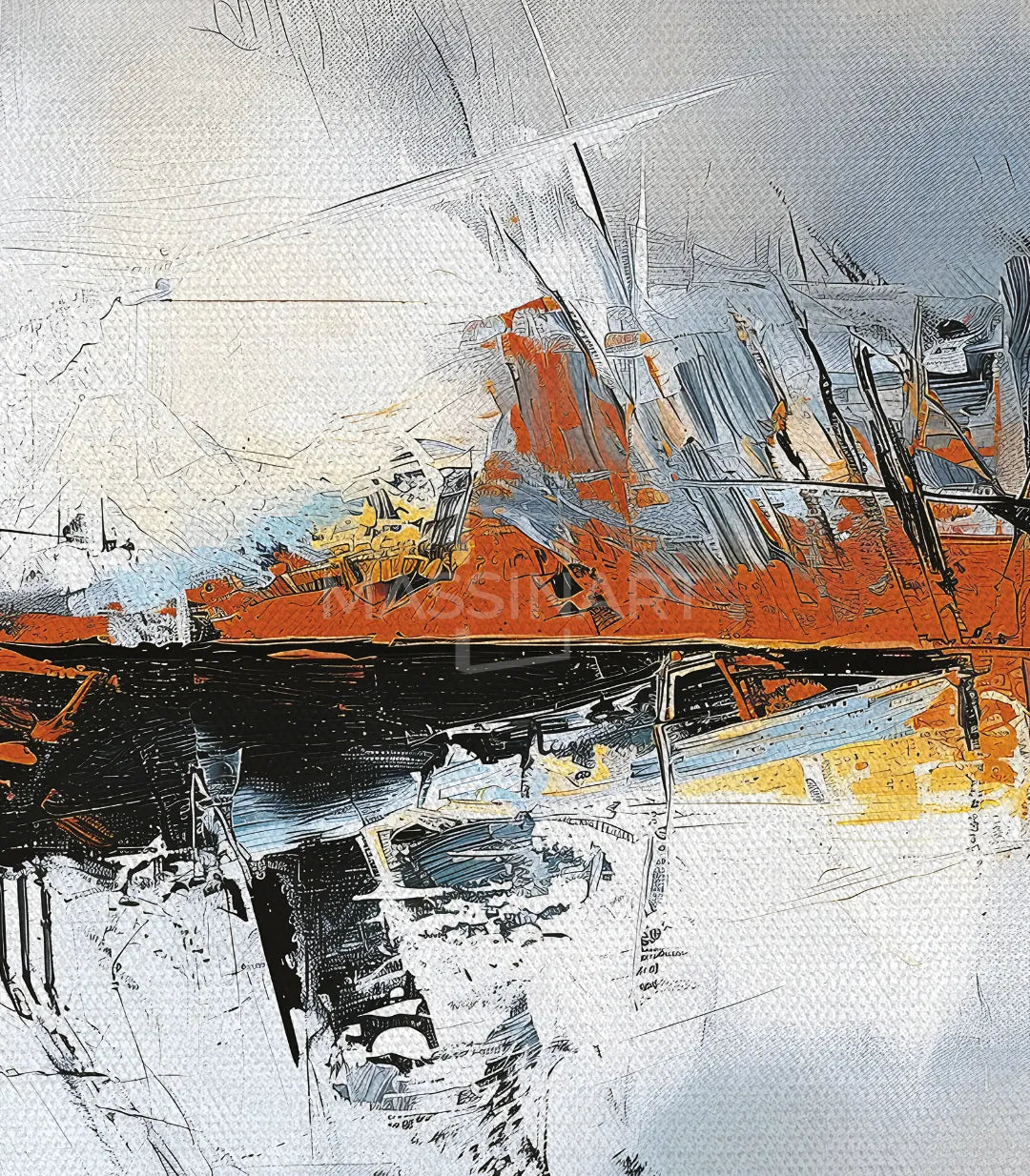 Comedor con cuadro Awakening abstracto naranja y gris Massinart