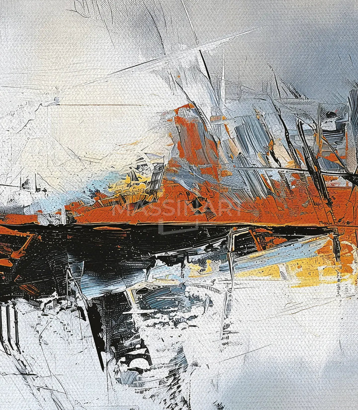 Comedor con cuadro Awakening abstracto naranja y gris Massinart