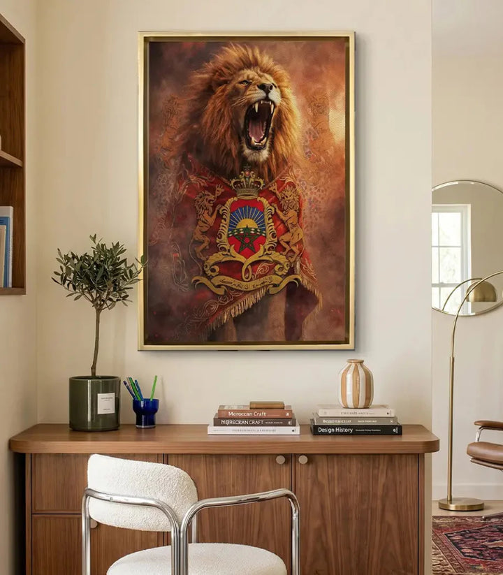 Cuadro Royal Lion con León del Atlas rugiendo envuelto en tela roja con escudo de Marruecos, estilo moderno para despacho o salón