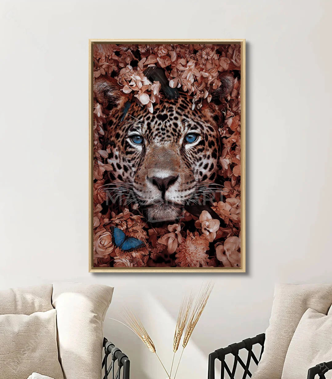 Ambientación dormitorio con cuadro Wild Jaguar jaguar naturaleza — Massinart