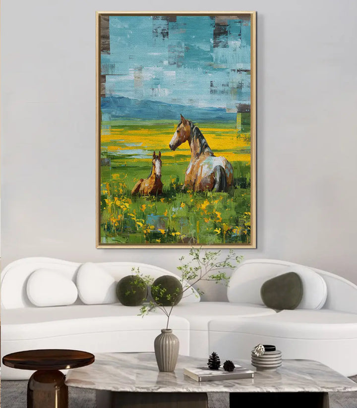 Cuadro Resting Horses de Massinart — detalle paisaje campestre con flores silvestres