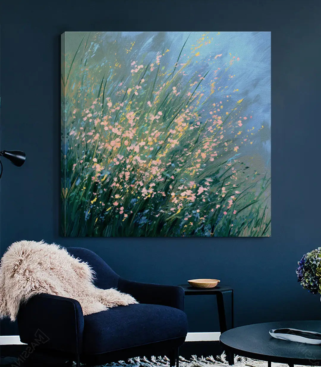 Dormitorio decorado con cuadro campo de flores expresionista — Massinart