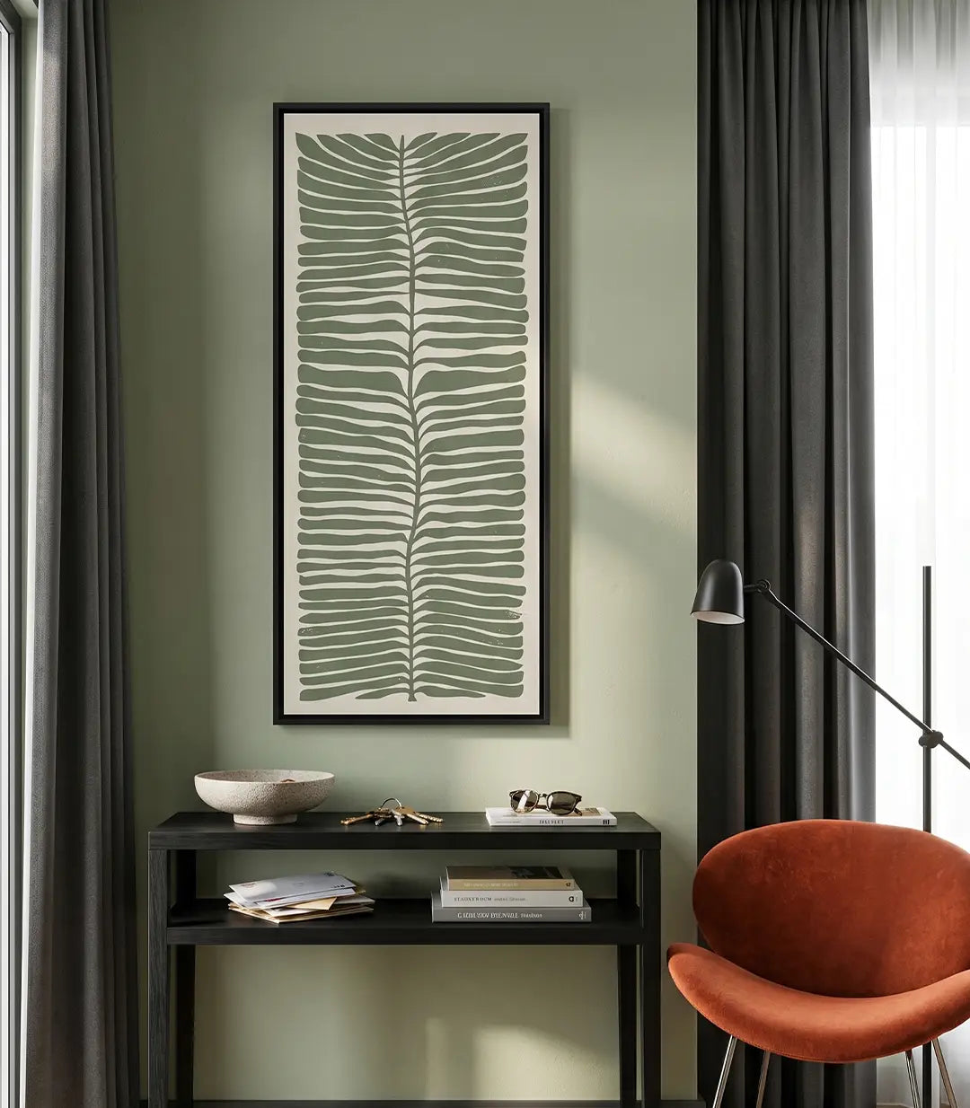 Cuadro panorámico rama de olivo en tonos verde salvia y fondo neutro, estilo minimalista contemporáneo