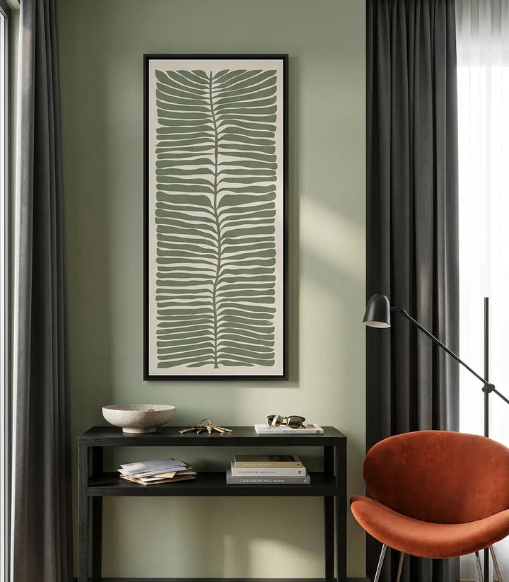 Cuadro panorámico rama de olivo en tonos verde salvia y fondo neutro, estilo minimalista contemporáneo