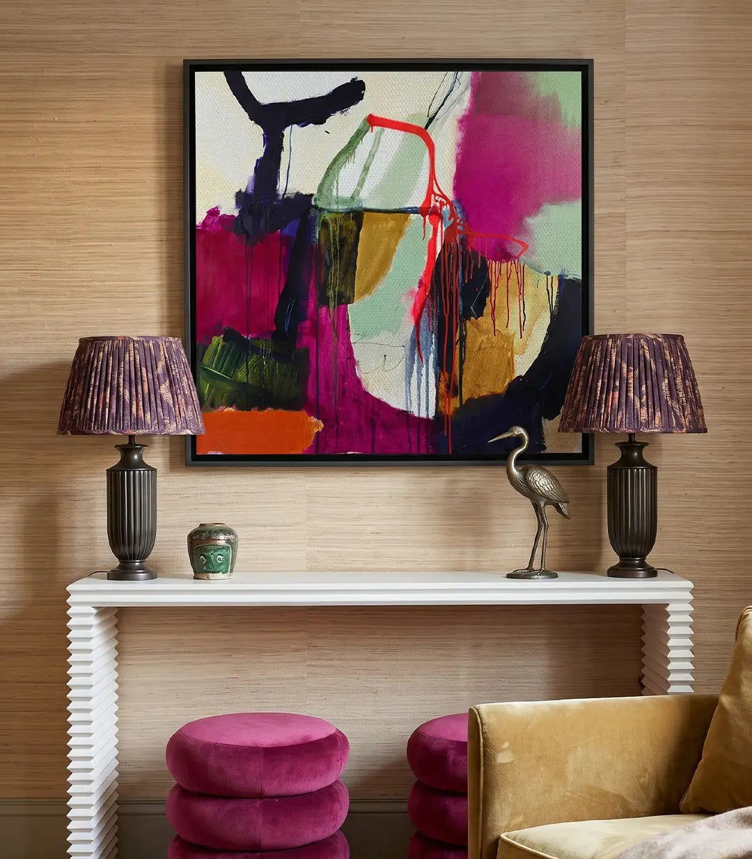 Cuadro abstracto colorido con formas expresionistas y ruido digital, decoración salón moderno
